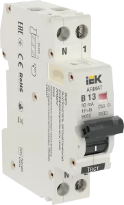 Выключатель автоматический дифференциального тока IEK B06S 2п (1P+N) B 13А 30мА тип A АВДТ 18мм